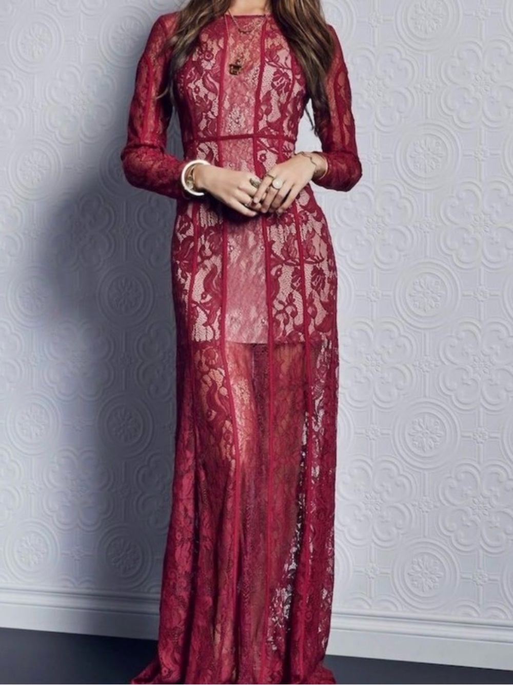 The Jetset Diaries Yasmine Maxi Dress Berry Lace Mesh Trumpet Gown Dress Holiday